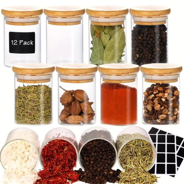 AOZITA 14oz Glass Spice Jars with Bamboo Lids, 12-Pack